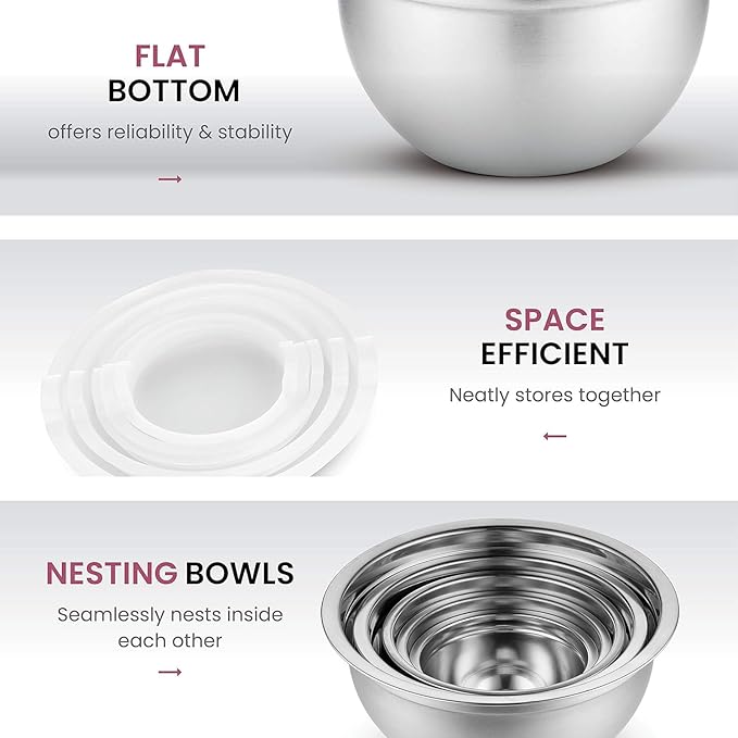 Mixing Bowls Set of 5, Stainless Steel Salad Bowls with Lids, Nesting Metal Mixing Bowls for Baking, Cooking, Prepping & Food Storage