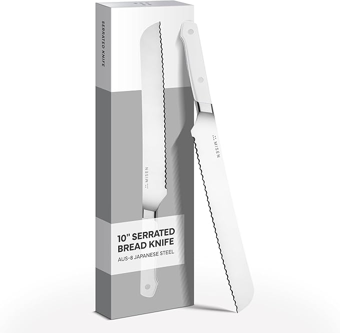 Misen Serrated Bread Knife - High-Carbon Japanese AUS8 Steel - Perfect for Soft Foods, Bread, Pastries, and Fruits - Verstatile Slicer, Razor-Sharp Edge, Durable Blade, Ergonomic Handle - 10", White