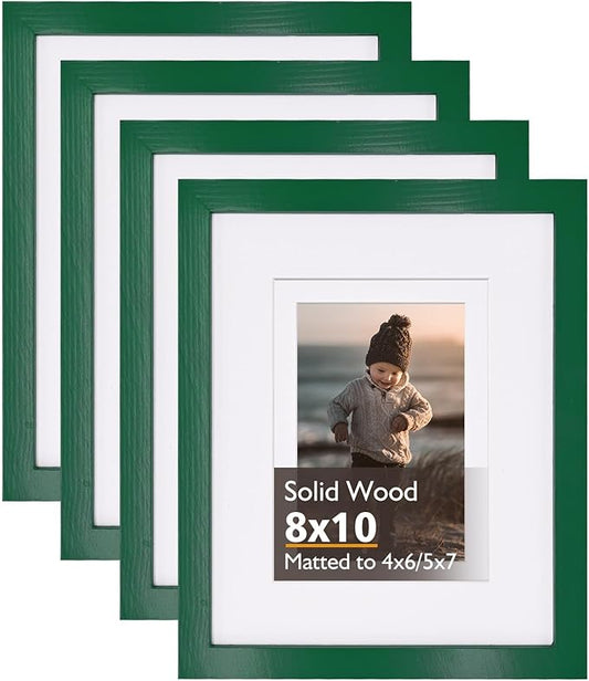 KINLINK 8x10 Picture Frame Green, Solid Wood Frames with Acrylic Plexiglass for Pictures 4x6/5x7 with Mat or 8x10 without Mat, Tabletop and Wall Display Photo Frame, Set of 4