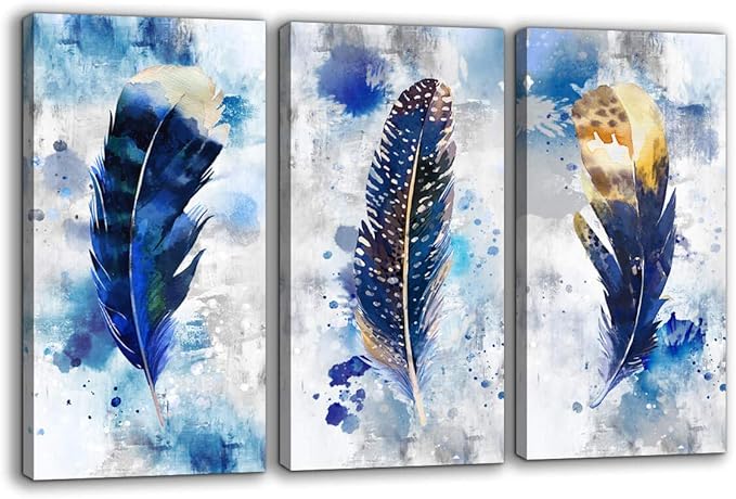 Pogusmavi Blue Canvas Wall Art for Living Room Large Modern Artwork Watercolor Feather Print Picture 3 pieces Canvas Wall Art Bedroom Wall Decor Ready to Hang for Home Office Decoration