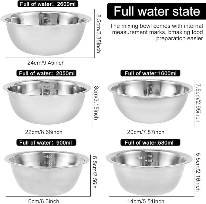 Nesting Mixing Bowl Set, 10 Pack Stainless Steel Bowls with Scale Marks, Baking Bowls Mixing Set for Kitchen Food Space Saving Storage, Cooking, Baking.