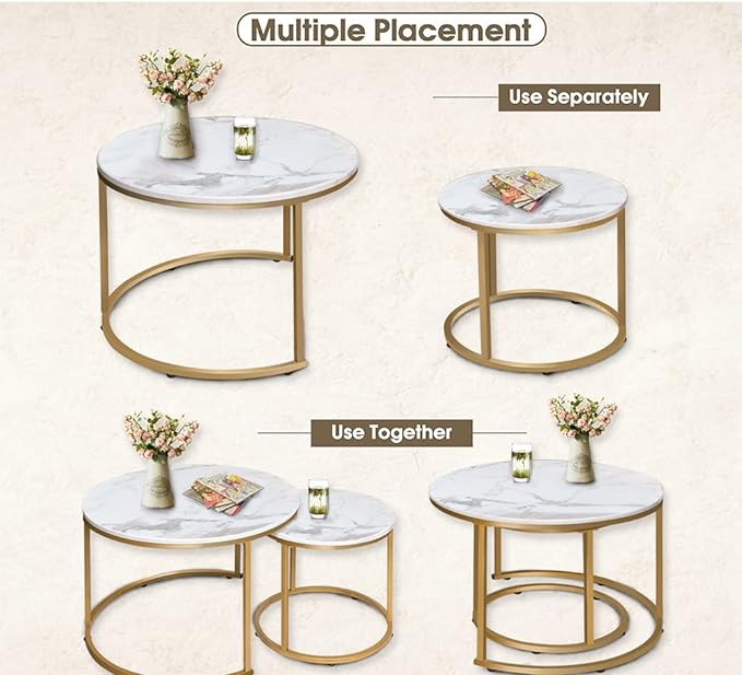 aboxoo Coffee Table Nesting White Set of 2 Side Set Golden Frame Circular Round and Marble Pattern Wooden Tables, Living Room Bedroom Apartment Modern Industrial Simple Nightstand
