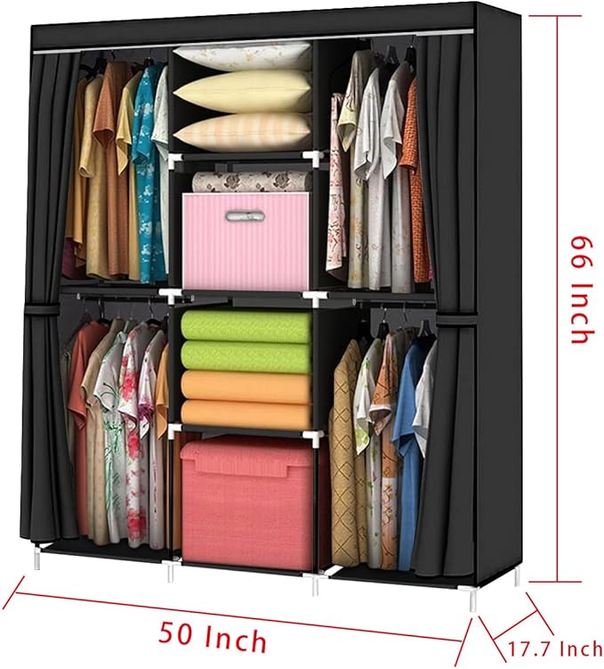 Portable Closet 50 Inch Wardrobe for Hanging Clothes with Non-Woven Fabric Cover, 4 Hang Rods and 4 Storage Organizer Shelves, Brown, Quick and Easy Assembly