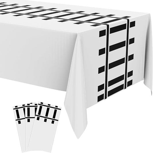 3 Pcs Train Party Decorations Railroad Track Tablecloths Train Birthday Party Supplies 54 x 108 Inch Plastic Table Covers for Railroad Track Western Theme Birthday (White)