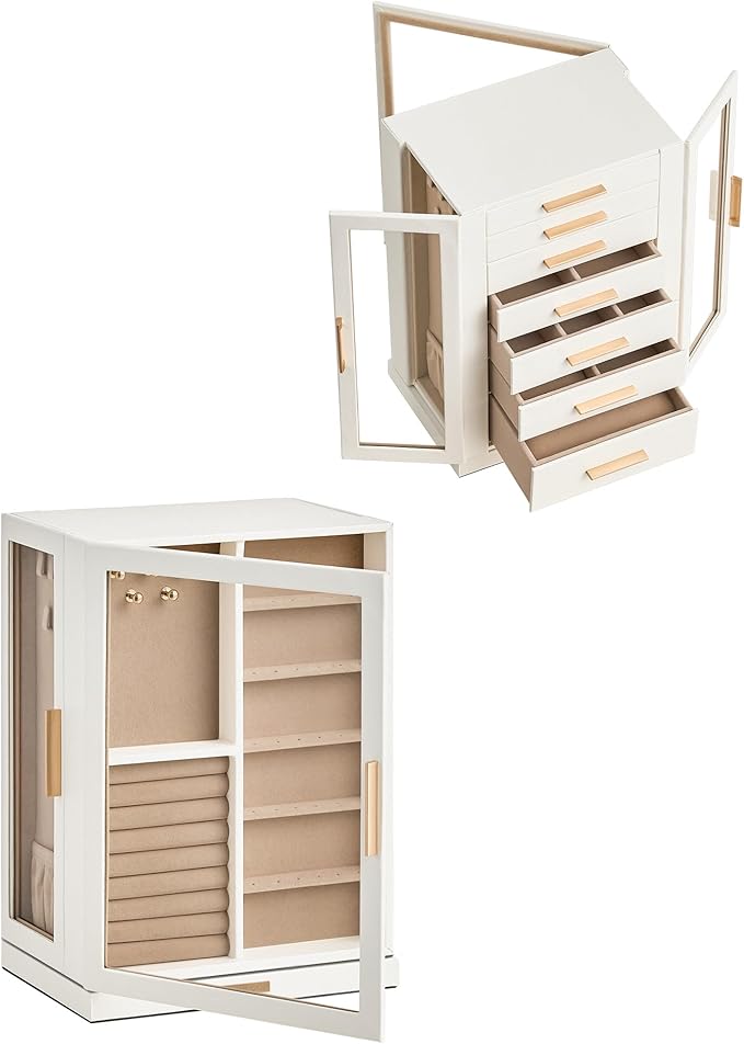 360° Rotating Jewelry Box with 7 Drawers, Spacious Vertical Jewelry Organizer with Glass Window, Jewelry Storage Case, Dustproof & Moisture-resistant Design, White