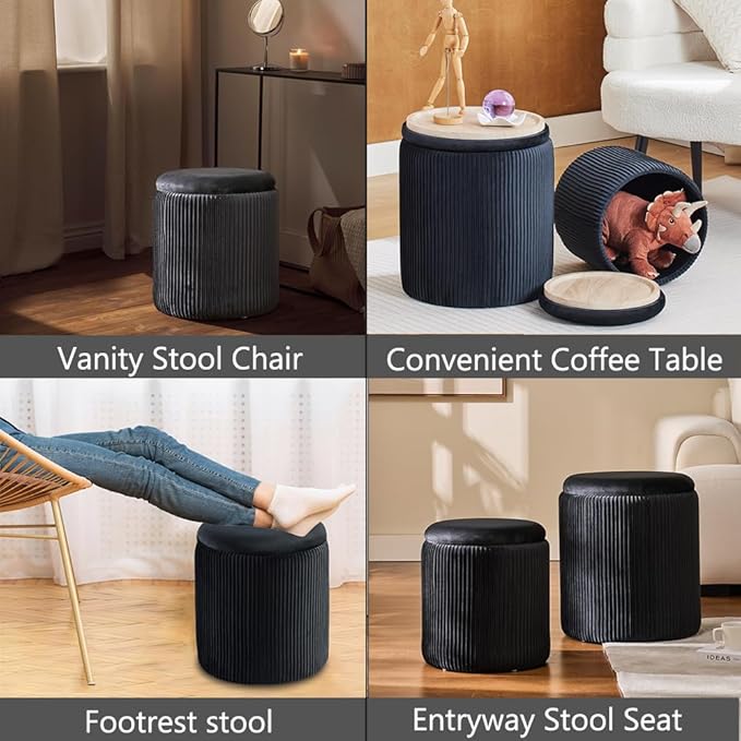 Round Ottoman with Storage Set of 2-Upholstered Sherpa Vanity Stool for Makeup Multifunctional Ottomans Coffee Table Padded Seat Foot Rest (Engineered Wood, Black-Upgrade Taray Lid)
