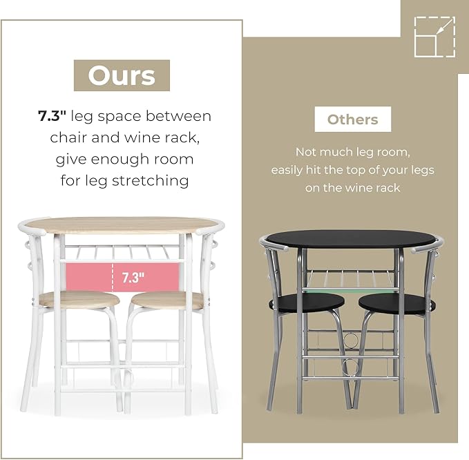 VINGLI 3 Piece Dining Set,Small Kitchen Table Set for 2,Breakfast Table Set,Kitchen Wooden Table and 2 Chairs for Small Space/Dining Room/Apartment,Metal Frame,Wine Rack,White&Light Oak