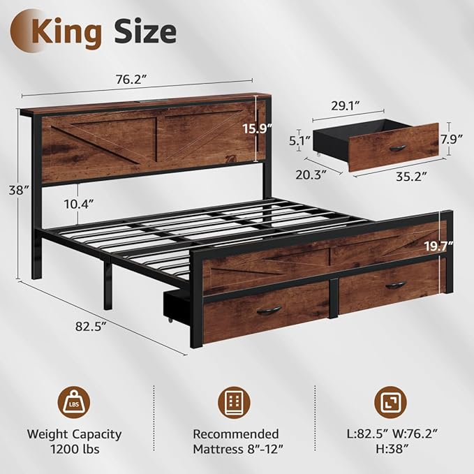 Rustic King Size Bed Frame with Storage Drawers and Barn Door Headboard, Farmhouse LED King Bed Frame with Charging Station, Metal Industrial Platform Bed Frames, No Box Spring Needed, Brown