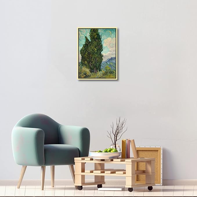 Wieco Art Framed Wall Art Cypresses Classic Giclee Canvas Prints by Van Gogh Famous Oil Paintings Green Tree Picture for Home Decorations Modern Abstract Forest Landscape Artwork