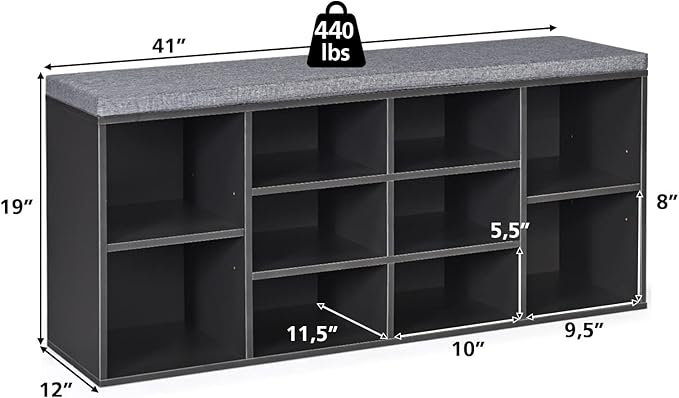 Giantex Shoe Storage Bench with Cushion, Entryway Shoe Rack Bench, Adjustable Shelves, 10-Cubbies Shoe Organizer Bench for Entryway, Living Room, Bedroom, Hallway, Closet, Mudroom (Grey)
