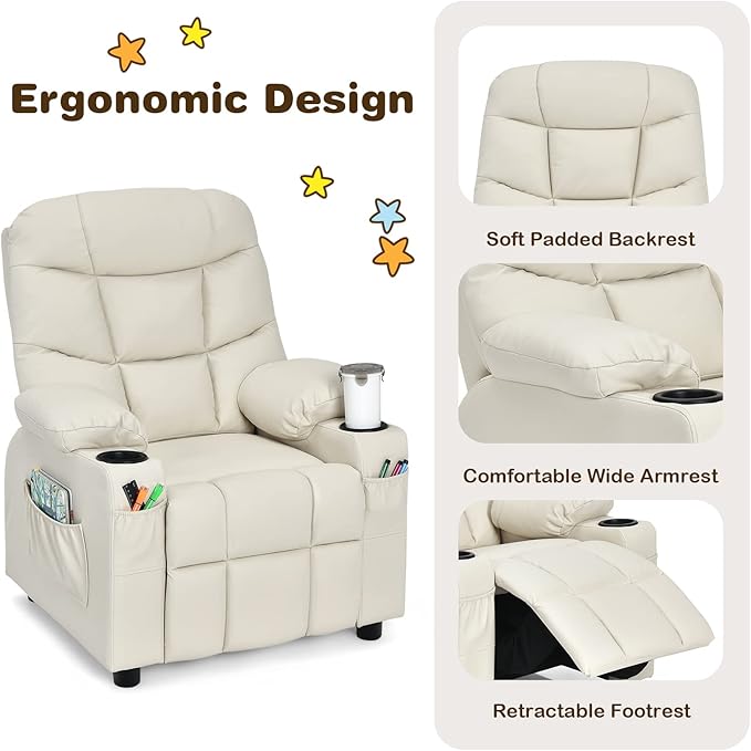 Kids Recliner, Kids Recliner Chair w/ 2 Cup Holders, PU Leather Kids Chairs Compy w/Adjustable Backrest & 3 Pockets, Toddler Furniture Sofa for Boys Girls Aged 3+ (Beige)