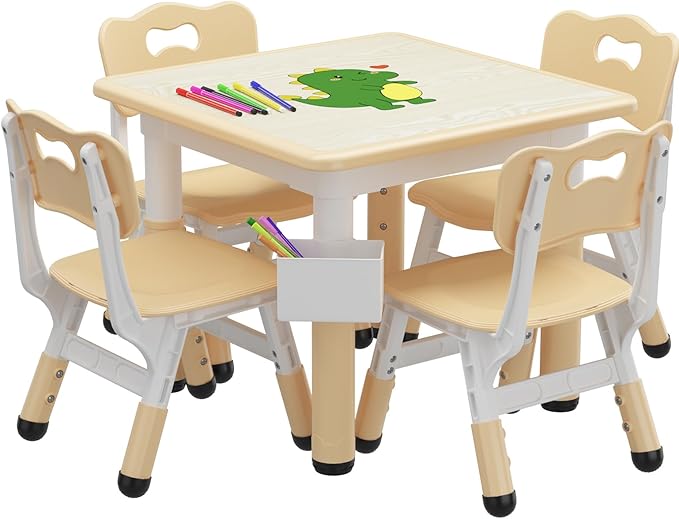 GarveeHome Toddler Table and 4 Chairs Set with Graffiti Desktop, Height Adjustable Kids Table and Chairs Set with Storage, Non-Slip Legs, Kids Activity Table for Home, Nursery, for Age 2-10