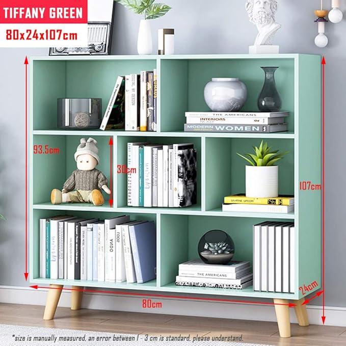 IOTXY Wooden Open Shelf Bookcase - 3-Tier Floor Standing Display Cabinet Rack with Legs, 7 Cubes Bookshelf, Tiffany-Green