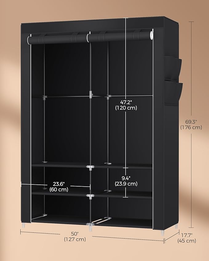 SONGMICS Portable Closet Wardrobe with Shoe Rack and Cover, Closet Storage Organizer, 2 Hanging Rods, Shelves, and 4 Side Pockets, 50 x 17.7 x 69.3 Inches, Spacious for Bedroom, Black URYG008B02