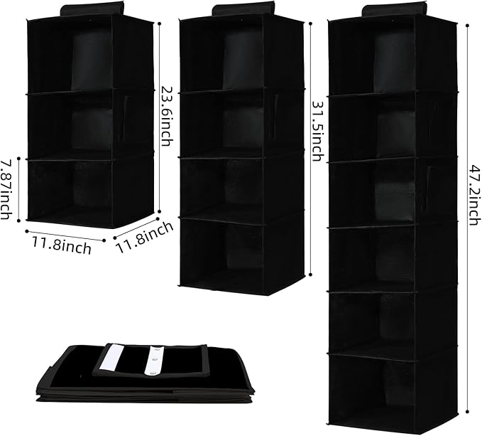 2 Packs Hanging Closet Organizer Storage, 6-Shelf Hanging Shelves for Closet, Closet Clothes Organizer and Storage with Side Pockets, Black
