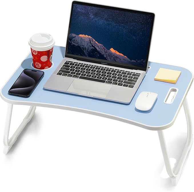 Laptop Bed Desk, Foldable Lap Table, Portable Study Table, Laptop Stand with Cup Holder & Tablet Slot & Lifting Handle for Working Writing Drawing & Eating - Baby Blue