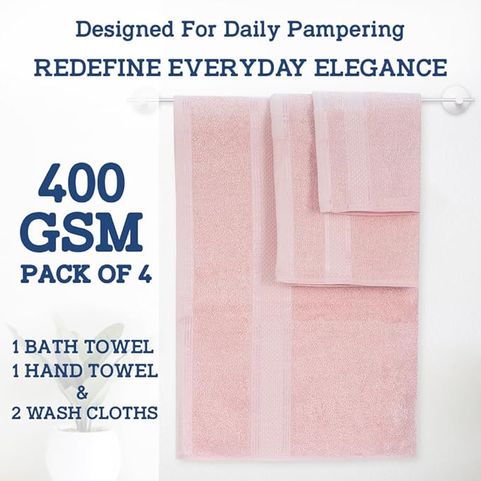 Casa Lino 4 Piece Bath Towel Set | 1 Bath Towel, 2 Wash Cloth, 1 Hand Towels | Bathroom Essentials for New Home, 100% Cotton Luxury Towels, Highly Absorbent Bathroom Set, Blush