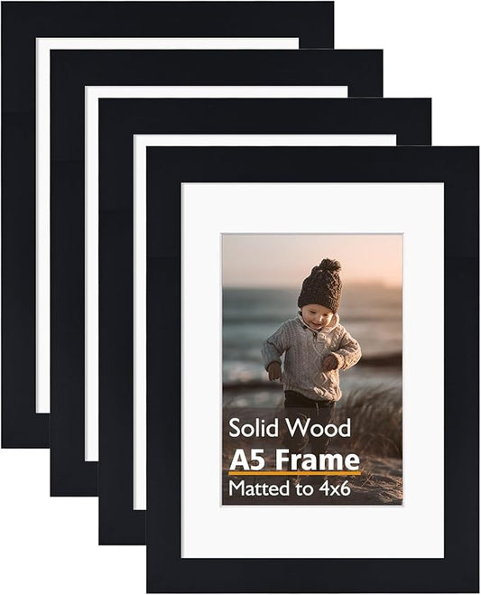 KINLINK A5 Picture Frame, Black Solid Wood Frames with Acrylic Plexiglass for Pictures 4x6 with Mat or A5 without Mat, Tabletop and Wall Mounting Display 4 Pack