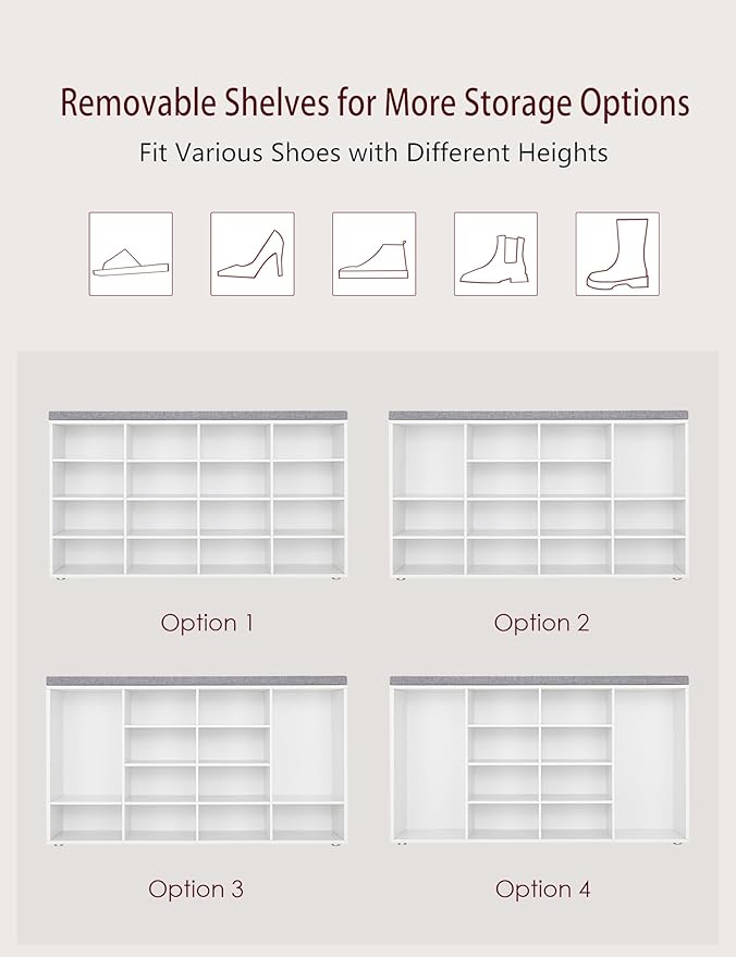 DINZI LVJ Shoe Storage Bench with Cushion, 16-Cubby Shoe Rack, Adjustable Shelves, Multifunctional Shoe Organizer Bench for Entryway, Mudroom, Hallway, Living Room, Bedroom and Garage, White