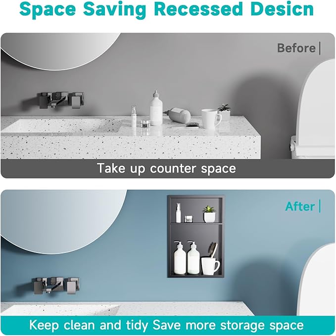 12" x 18" Stainless Steel Shower Niche – Recessed 2-Tier Shower Shelf, 12"x12" Upper & 12"x6" Lower Storage, Modern Bathroom Wall Niche (Black)