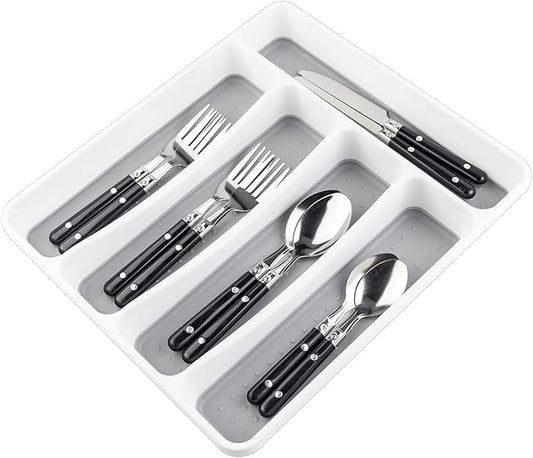 LeMuna Silverware Tray for Drawer, Plastic Cutlery Tray Kitchen Drawer Organizer, 5 Compartment Flatware Cutlery Organizer, Soft-Grip Lining and Non-Slip Rubber Feet