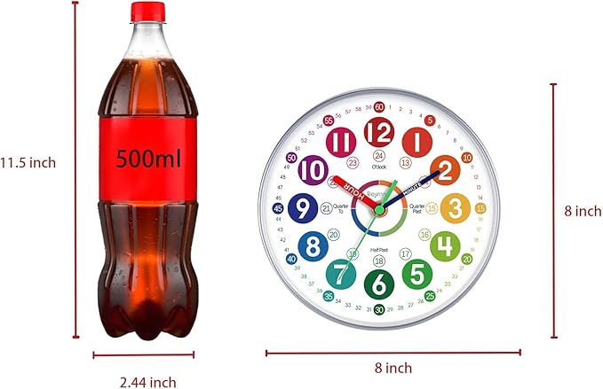 Learning Clock for Kids Learning to Tell Time Easily Colorful Teaching Time Clock Silent Non Ticking Battery Operated Decorative for Kids Room Classroom School Bedroom (8 Inch)