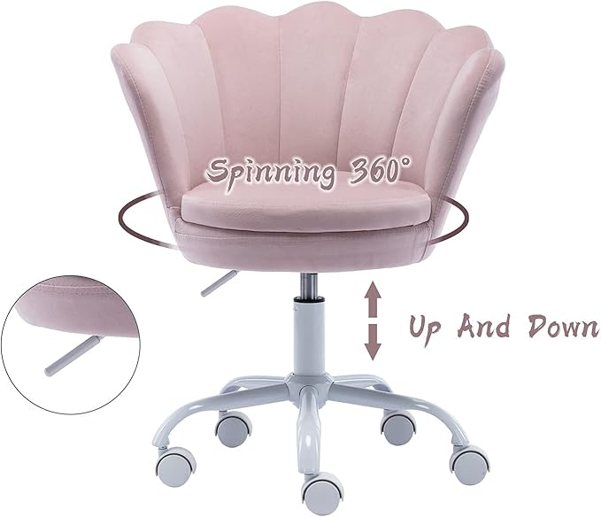 chairus Cute Kids Desk Chair Velvet Living Room Accent Armchair Upholstered Teens Vanity Chair with Seashell Back, Adjustable Swivel Children Study Chair for Computer Homework, Pink
