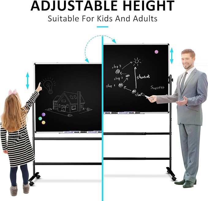 Mobile Dry Erase Blackboard 36 x 24, Magnetic Portable Black Dry Erase Board with Stand, Rolling Double Sided Chalkboard with Wheels - Easel Standing Black Board for Office, School & Home