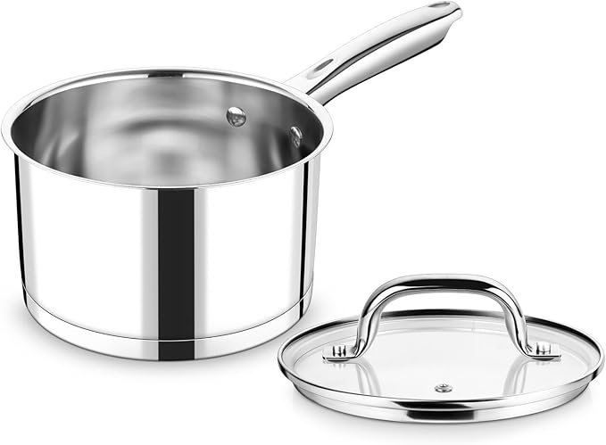 P&P CHEF 2 Quart Saucepan with Lid Set, Stainless Steel Small Cooking Pot Induction Sauce Pan for Pasta Soup, Ergonomic Handle & Tri-ply Base, Dishwasher Safe, 1 Pan