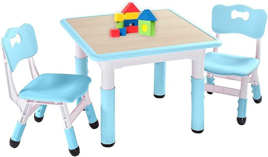 FUNLIO Kids Table and 2 Chairs Set, Height Adjustable Toddler Table and Chair Set for Ages 3-8, Easy to Wipe Arts & Crafts Table, for Classrooms/Daycares/Homes, CPC & CE Approved (3pcs Set) - Blue