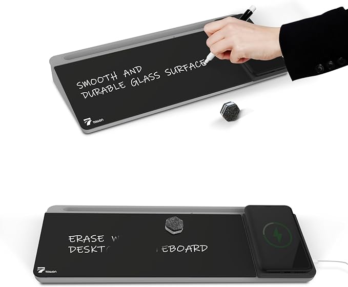 TOWON Black Desk Dry Erase Board with Charger Pad, Small Glass Desktop Whiteboard, Desktop whiteboard - Glass Dry Erase White Board- Desk Computer Buddy for Home Office Supply, 17 x 6 Inches