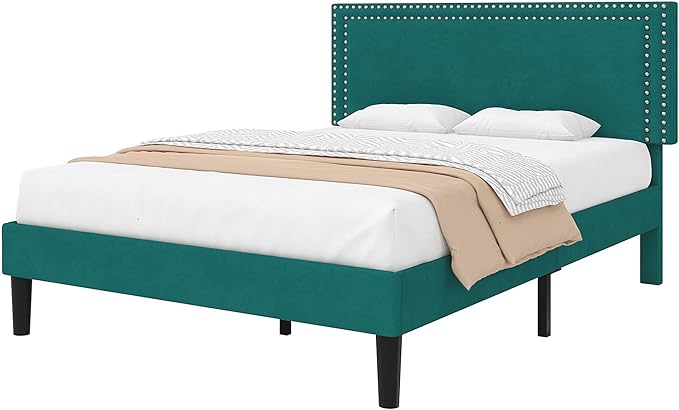 VECELO Full Size Bed Frame with Adjustable Upholstered Headboard, Wooden Slats Platform, Noise-Free Design, No Box Spring Needed, Easy Assembly