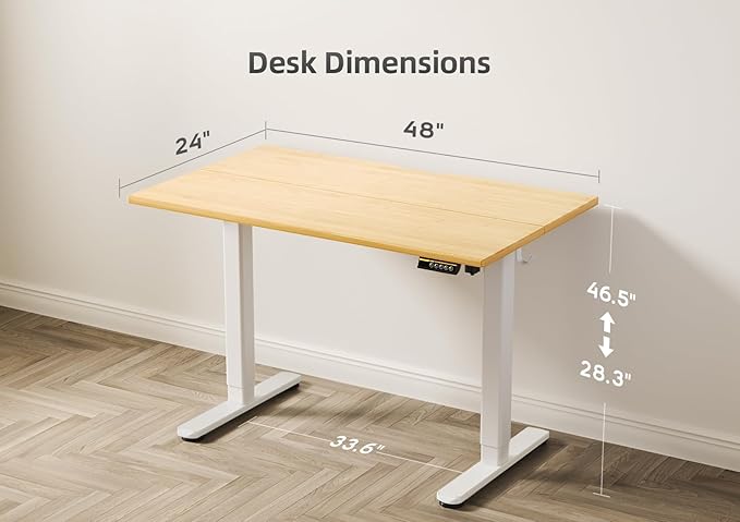 Claiks Bamboo Electric Standing Desk, Adjustable Height Stand up Desk, 48x24 Inches Sit Stand Home Office Desk with Splice Board, White Frame/BambooTop