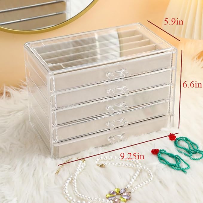 5 Drawers Necklace Organizer Storage, Tray with Clear Lid, Dustproof Velvet Necklaces Holder Storage Display Case, Necklace Tray Drawer Insert for Pendant Suitable for Women and Girls (25 grids)