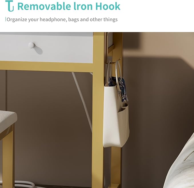 Lufeiya Small Makeup Vanity Desk with Mirror and Light, 32 inch White Vanity Desks Sets with Fabric Drawers for Girls Teen, Dressing Table and Chair Set with Power Outlet for Bedroom, White Gold