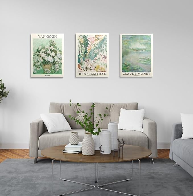 MINI ZOZI Sage Green Canvas Framed Wall Art Set Of 3 Matisse Van Gogh Monet Flower Prints 12x16 Wall Decor Large Mid Century Modern Aesthetic Over Bed Poster Painting Master Bedroom Living Room