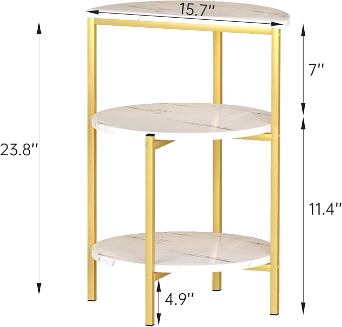 AWQM Marble Side End Table, 3-Tier Sofa Side Table,Small Round Coffee Table Bedside Table, Corner Table w/Metal Frame for Living Room Bedroom, White+Gold