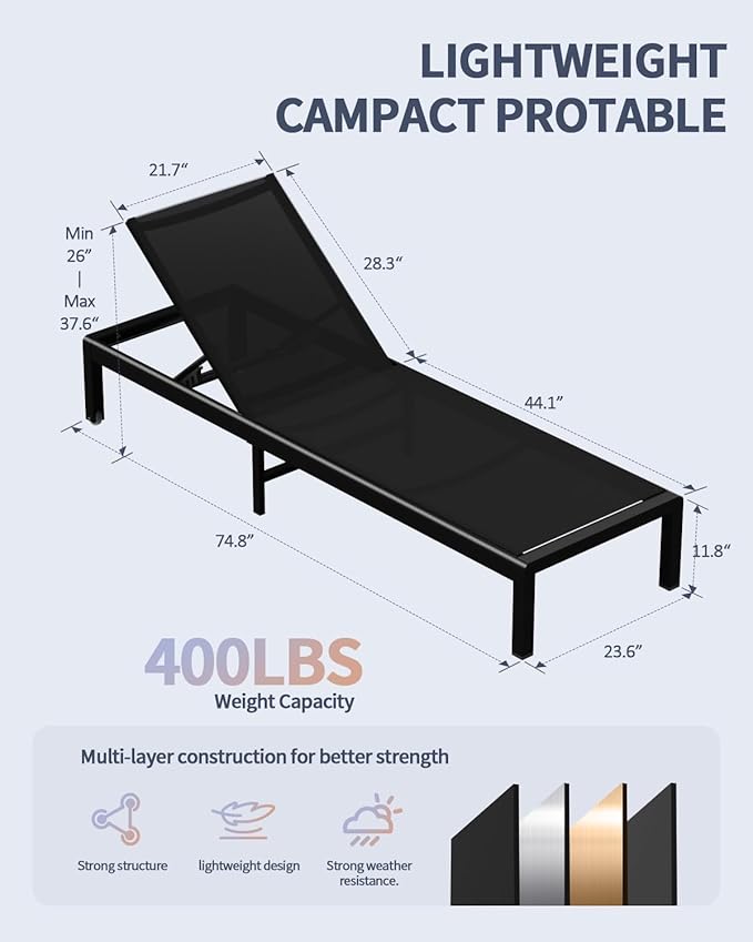 Aluminum Lounge Chairs Outdoor Chaise Furniture,2 Sets Patio Metal Deck Lounger Adjustable 5-Position Poolside Chase Recliner with Wheels for Beach,Coffee Table, (Black, 1 Chair)