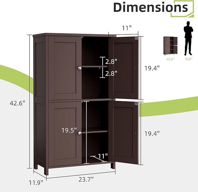 Vongrasig Bathroom Floor Storage Cabinet, Modern Storage Unit with 4 Doors and Adjustable Shelves, Freestanding Sideboard Cabinet for Bathroom, Kitchen, Living Room, Reddish Brown