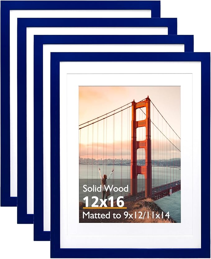 KINLINK 12x16 Picture Frame Navy, Solid Wood Frames with Acrylic Plexiglass for Pictures 11x14/9x12 with Mat or 12x16 without Mat, Wall Display Photo Frame, Set of 4