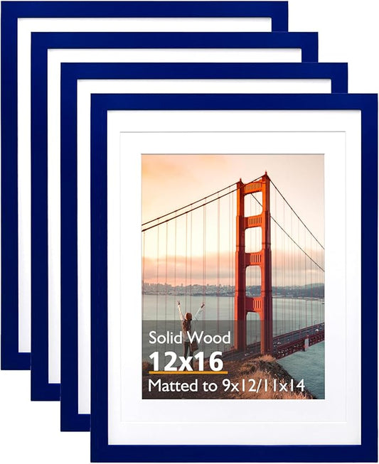 KINLINK 12x16 Picture Frame Navy, Solid Wood Frames with Acrylic Plexiglass for Pictures 11x14/9x12 with Mat or 12x16 without Mat, Wall Display Photo Frame, Set of 4