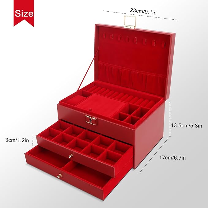 DesignSter Jewelry Box,Jewelry Organizer with 2 Drawers, 3 Layers Leather Jewelry Storage Box with Lock, Jewelry Storage Case for Necklaces Earrings Bracelets and Rings（Red）