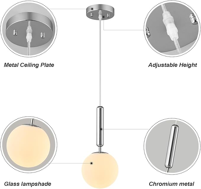 Modern Hanging Light Fixture Pendant Lighting for Kitchen Island Mid Century Chrome Pendant Lights with Globe Milky White Glass Pendant Light for Bedroom Bathroom Entryway (3 Pack)