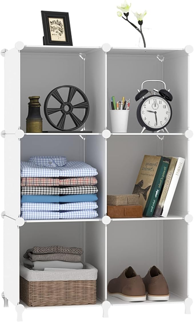 AWTATOS Cube Storage Organizer, Storage Cubes Shelves Bookshelf, 6 Cube Closet Organizers and Storage, DIY Stackable Plastic Clothes Organizer Shelving for Bedroom, Home, White