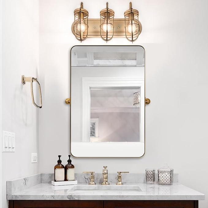 ANDY STAR 28"x36" Brushed Gold Bathroom Mirror for Wall, Brass Metal Framed Pivoting Bathroom Vanity Mirror with Rounded Corner, Tilt Rectangle Wall Mirrors Hangs Vertically Only(Overall 31.75" x 36")