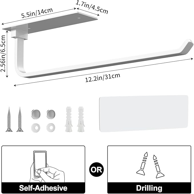 Paper Towel Holder - Self-Adhesive or Drilling, White, Upgraded Aluminum Kitchen Roll Dispenser Under Cabinet, Lighter but Stronger Than Stainless Steel!