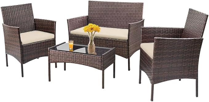 FDW Rattan Furniture Brown Wicker Chair Patio Bristo Set for Outdoor Indoor Use with Loveseats Coffee Table,Khaki Cushion, 4-Pieces