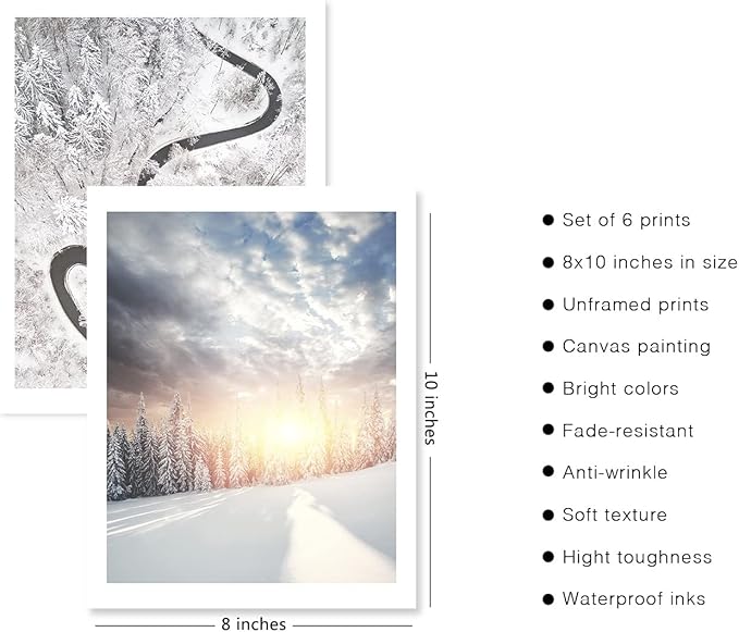HoozGee Winter Wall Art Prints Set of 6 Canvas Print Artwork Sun Poster Ice Lake Snow Forest Frost Deer Pictures Photography Photo Bedroom Art Wall Decor (8"x10" UNFRAMED, Winter Art)