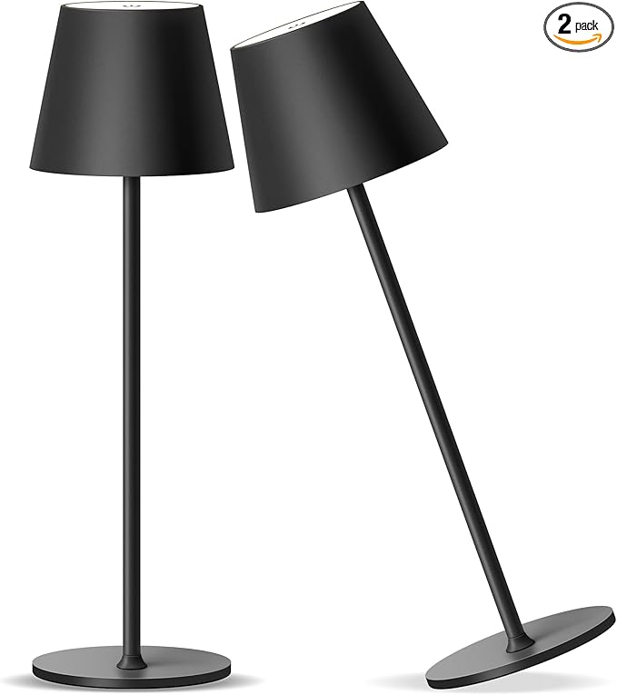 PUSU Cordless Rechargeable Table Lamp Set of 2, 4000mAh Battery Powered LED Desk Lamp, 3 Color Stepless Dimming Up, Portable Table Light Lamp for Bedroom Restaurant Outdoor (Black)