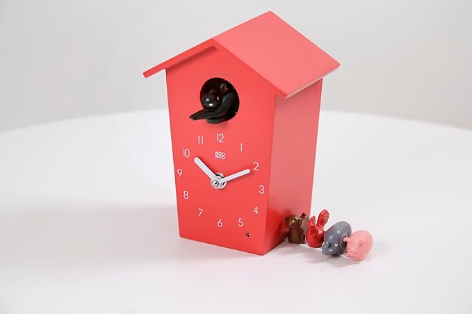 KOOKOO AnimalHouse red, Small Cuckoo Clock with 5 Farm Animals Sounds (Natural Field Recordings)